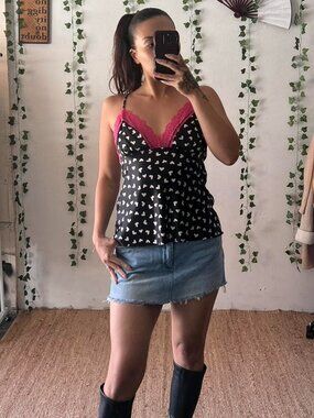 Lilac & London Satin Heart Print Lace Trim Cami Y2K Lingerie Style Top Small